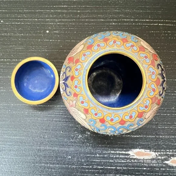 Vintage Chinese Cloisonné Enamel Floral Scroll Lotus Ginger Jar With Lid Etched - Picture 5 of 7